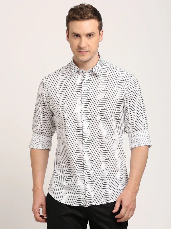 Indian Terrain Men's Slim Fit Full Sleeve All Over Print White Shirt